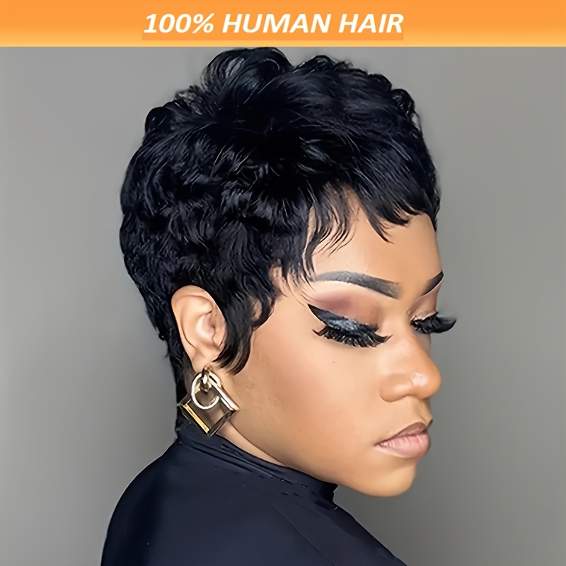 

Elegant 6-inch Short Cut Wig For Women - 150% Density, Brazilian Human Hair, #1b, , Machine Made With Cap, Short Hair Wig