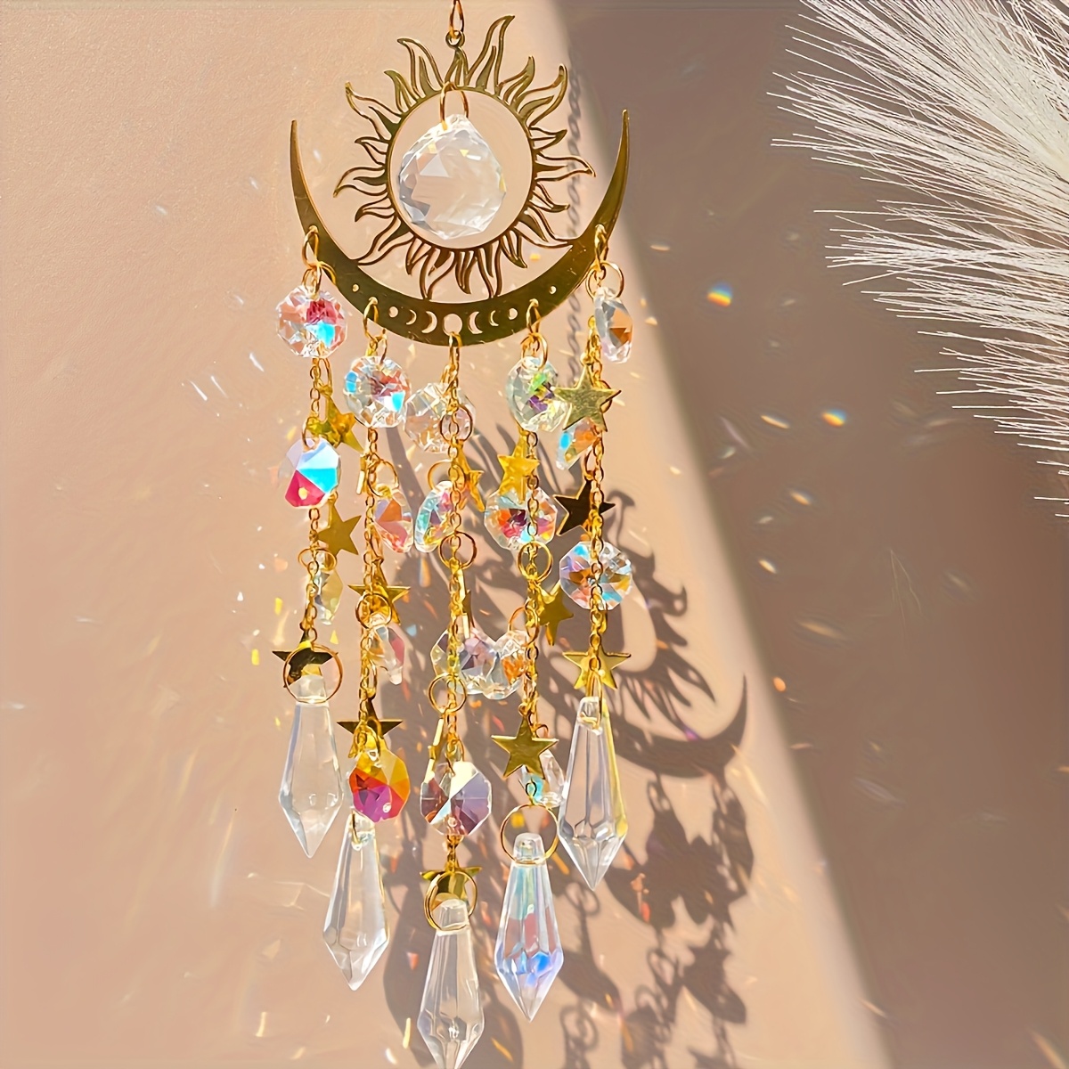 Image of 1pc Belize Glass Moon Wind Chime - Non-electric Hanging Rainbow Prism Decorative Gift For Home, Wedding, Or Thanksgiving, Beautiful And Durable In Sunlight