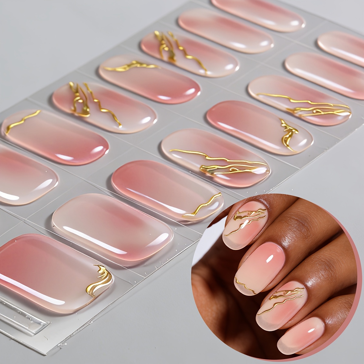 16pcs Spring/summer Nude Pink Gradient Semi Cured Gel Nail Strips, Golden Hot Lines Self-adhesive Gel Nail Full Wraps, Easy To Manicure, , Nail Stickers For Women Home