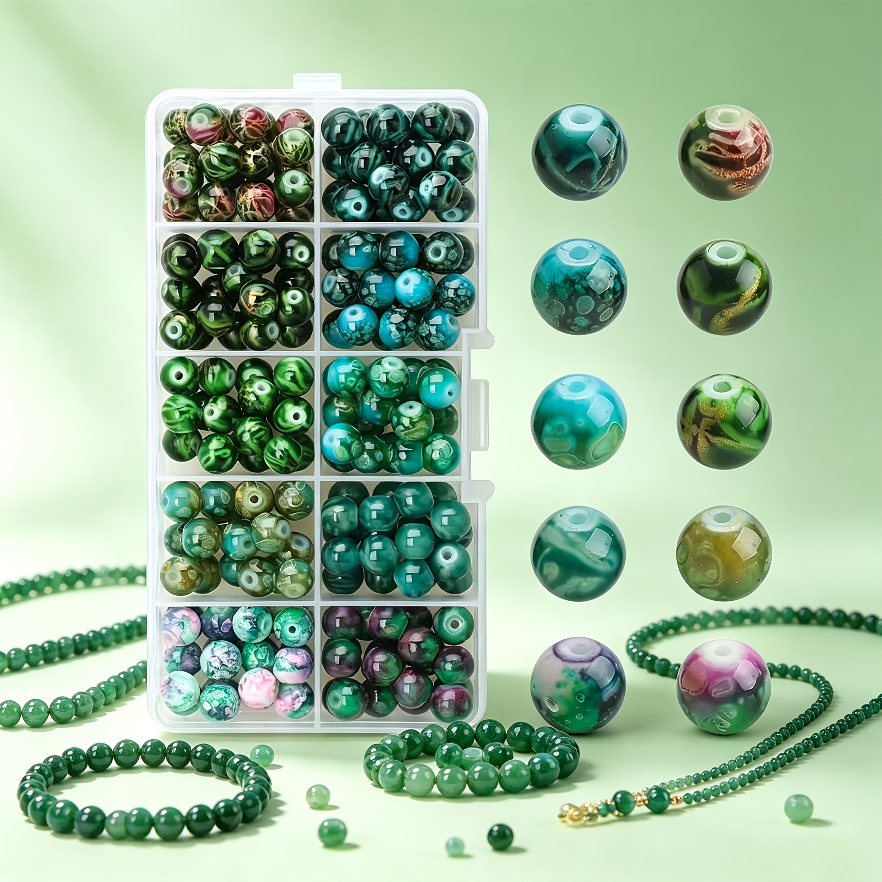 TEMU 199pcs 8Mm Boîte à 10 Compartiments Série Vert Dégradé, Perles de Neige Perles Dispersées Perles de Verre Combinaison pour Vêtements, Chaussures