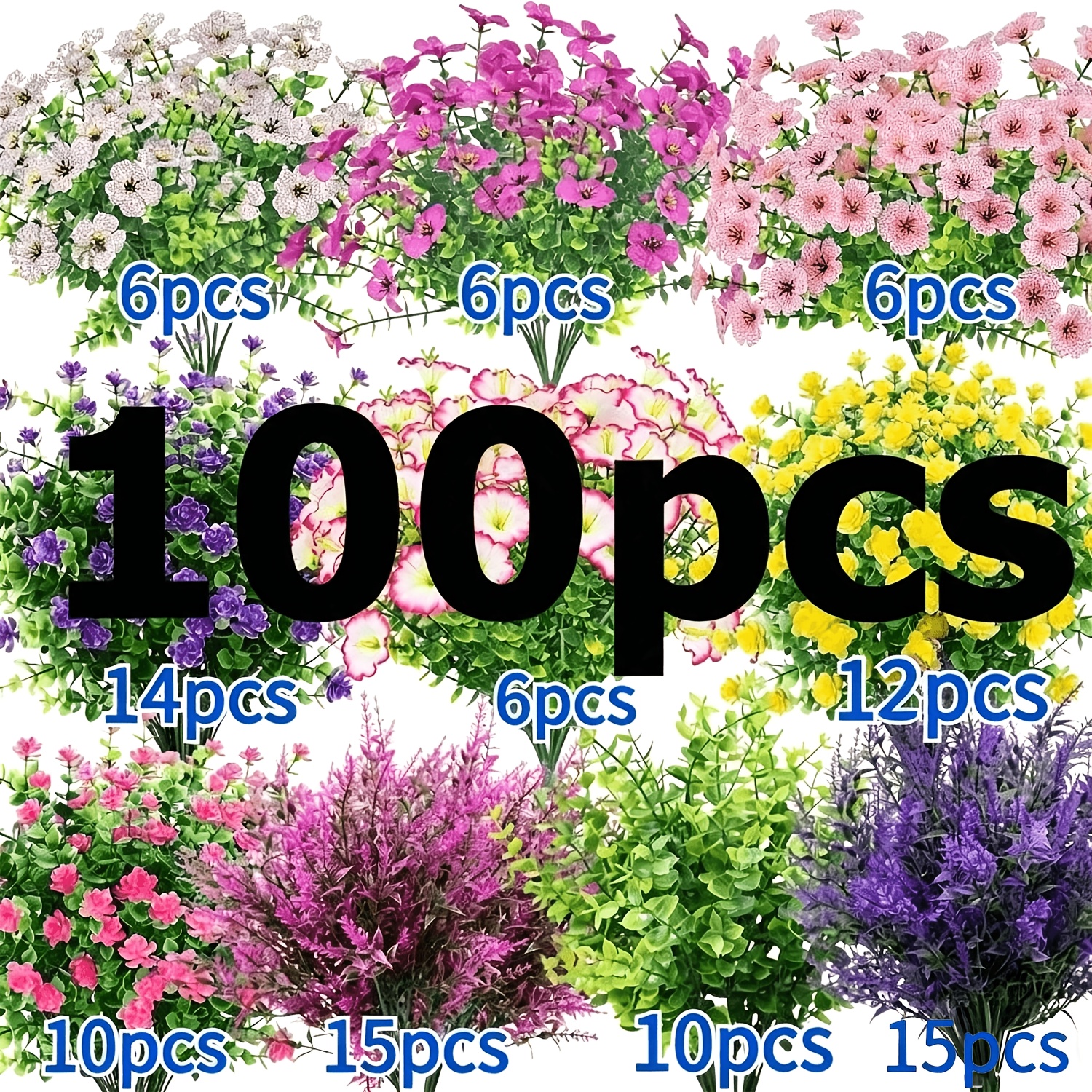 TEMU da 100 pezzi di fiori artificiali da esterno, viola, caviglione, di equiseto, foglie di eucalipto, fiori finti resistenti ai UV �� -sbiadimento,