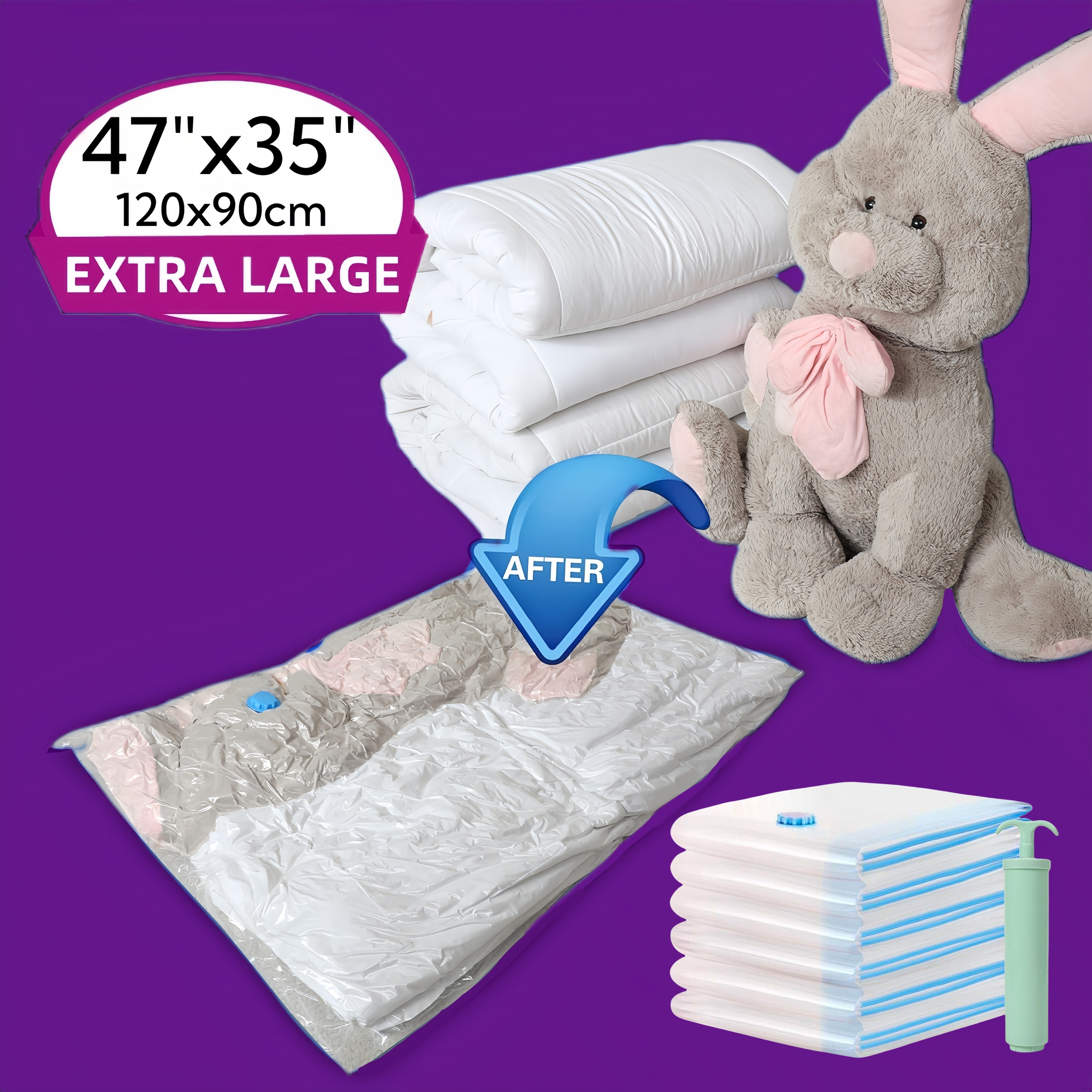 

Xxl Huge 47"x35" Vacuum Bags For Blankets, Bedding, Comforters And Large Plush Toys With Hand Pump Included (pack Of 2/6)