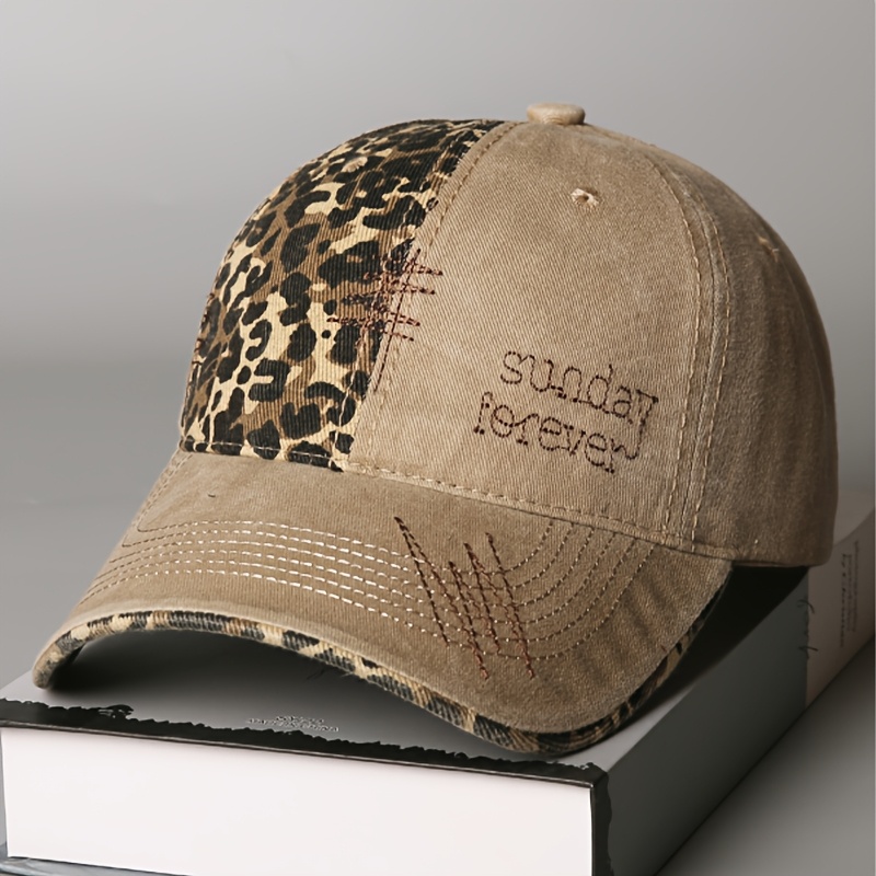 Image of Hot Selling Leopard Print Spliced Baseball Cap For Women, Washed And Worn, Versatile, Adjustable Duckbill Cap, Embroidered Letters, Couple Style Outdoor Sun Hat