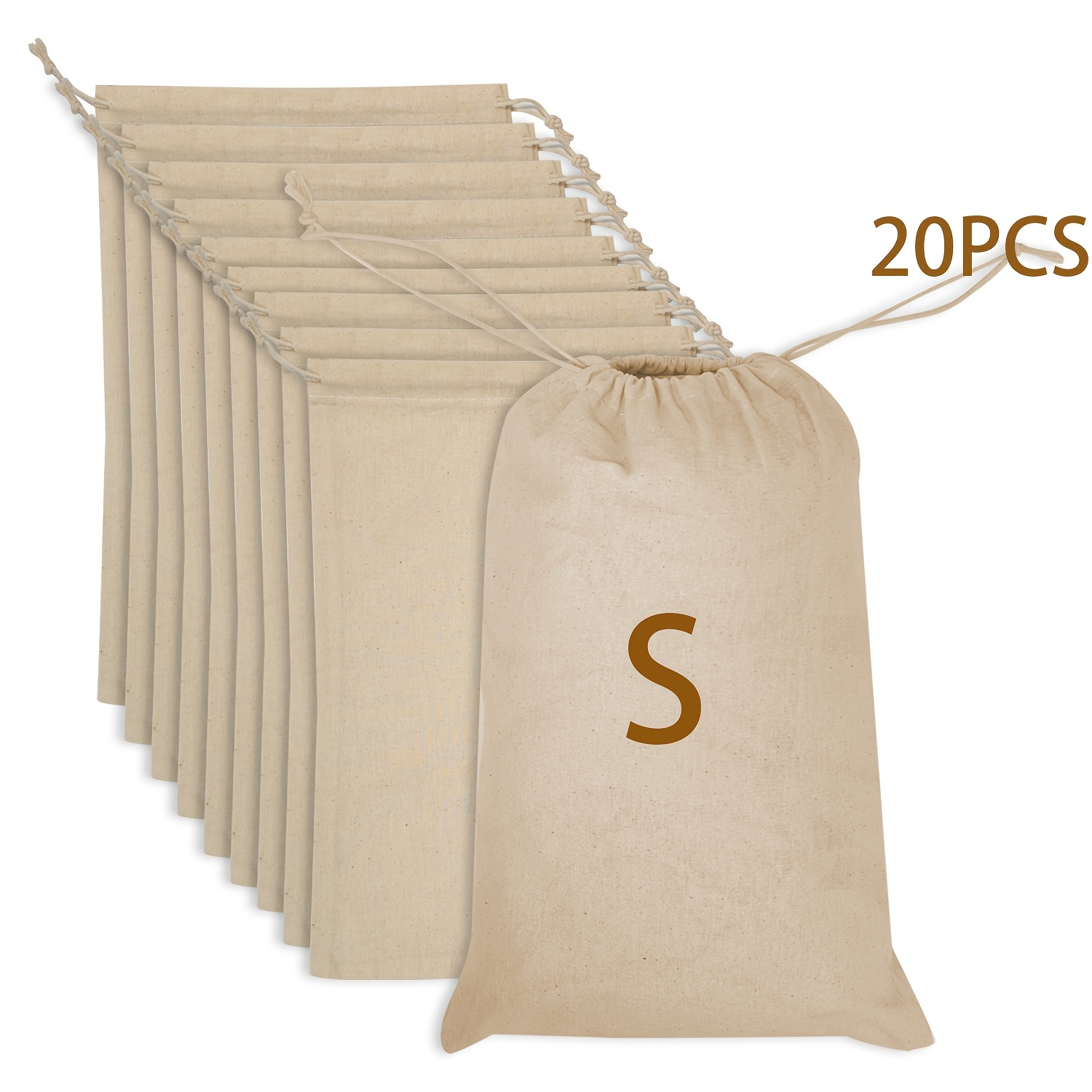 Set Of 20 Reusable Cotton Party Storage Bags With Drawstrings; Washable Cotton Storage Bags Suitable For Retail And Holiday Use.