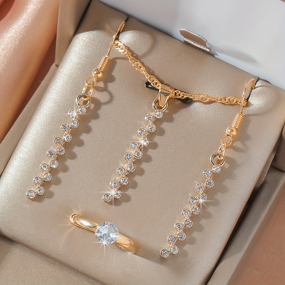 Image of 4pcs Shining Necklace Earring Ring Set Fashion Jewelry Easy Women's Birthday Christmas Mother's Day Valentine's Day Friendship Gift