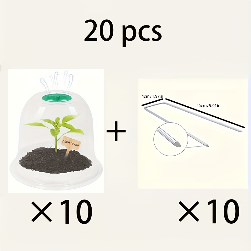 TEMU 20 (10 Housses de Croissance Végétale Transparentes avec Têtes Fixées et 10 Clous de Fixation), Adaptées à la Protection des Semis Intérieurs et