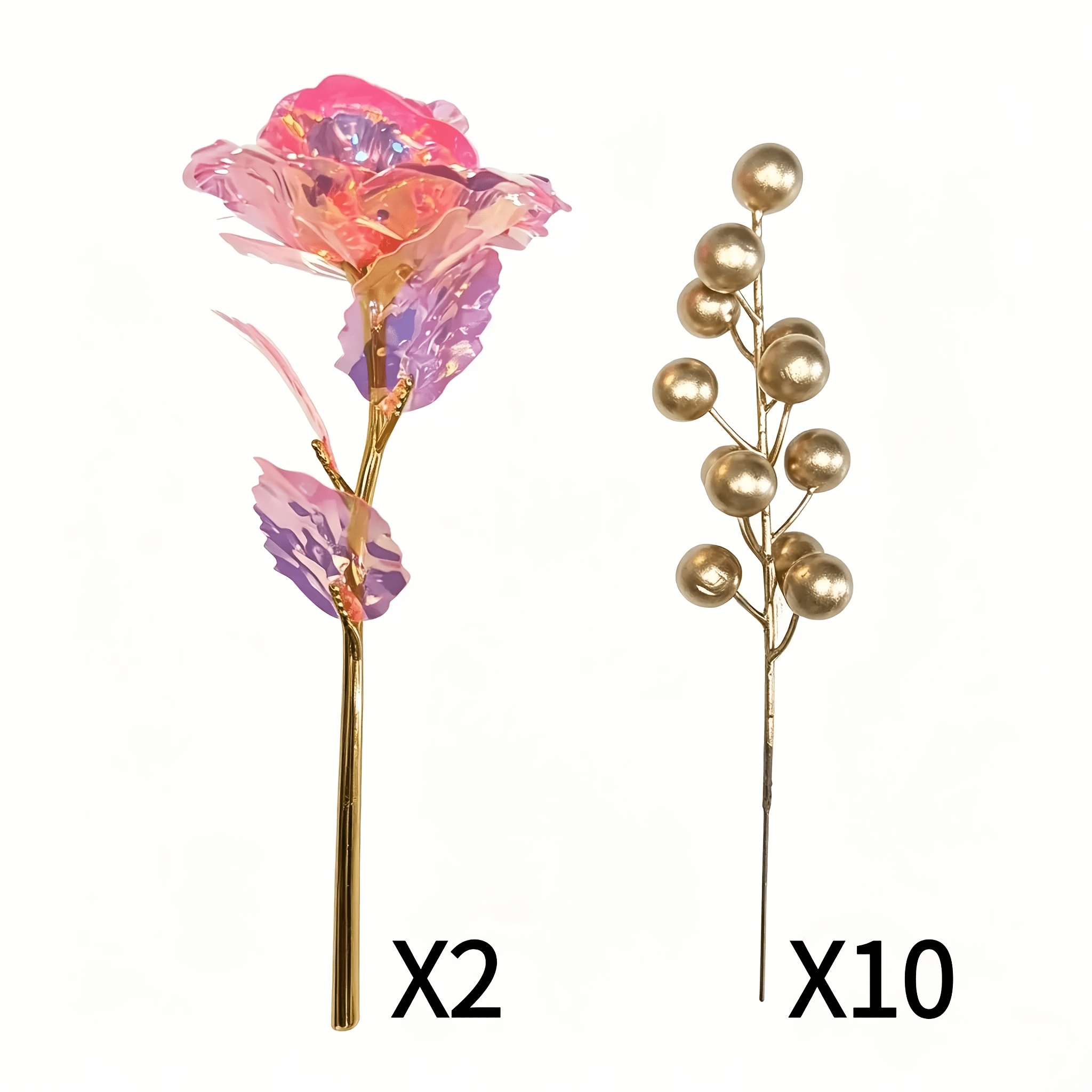 TEMU Lot de 12 pièces = roses stabilisées en cristal artificiel plaqué or associées à 10 dorées, une décoration artificielle irisée éblouissante -