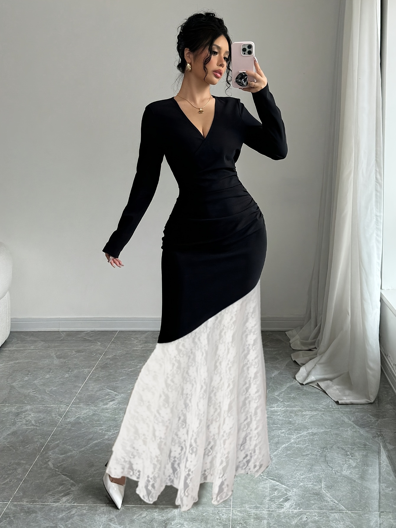 green emerald velvet dress Womens Black&White Maxi Dress Long Sleeve Crewneck Long Dress Color Block  Flowy Aline Dress with Large Hemlines (US, Alpha, Small, Regular, Regular,  Black/Apricot) at Amazon Women's Clothing store main image 0