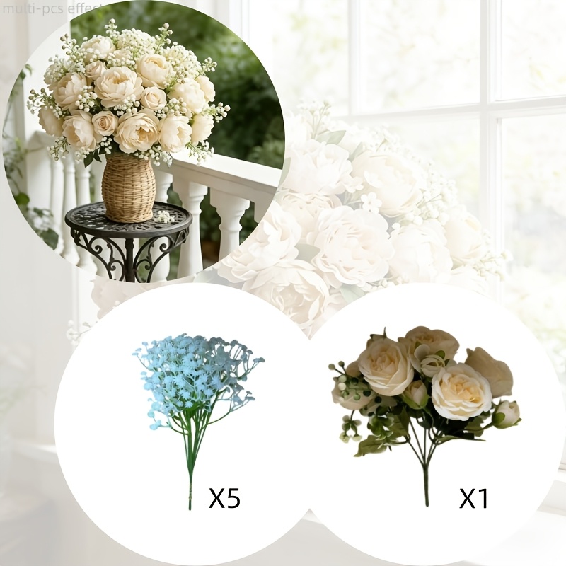 TEMU 6pcs Set Of Influencer-style -colored Artificial Peony Bouquets With Baby's Breath, Realistic With Full And Three-dimensional Flower Shapes,