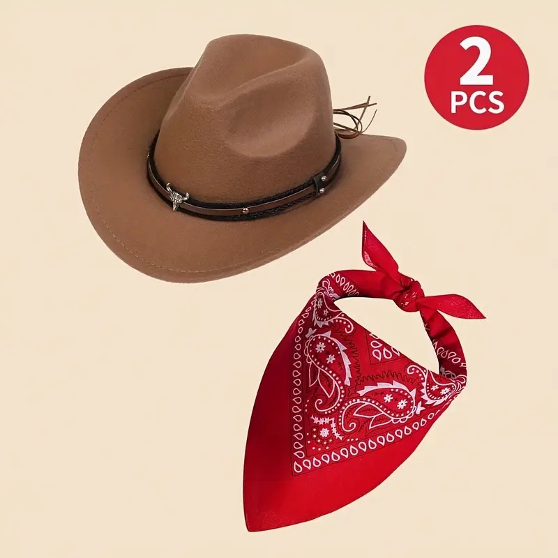 TEMU 2pcs Cowboy Hat And Patterned Square Scarf Set For Or Party Decoration, With Hard Drag Protection
