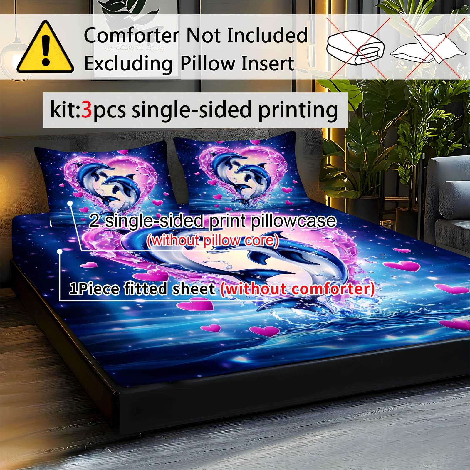 TEMU 3pcs Dolphin Print Fitted Sheet Set, Romantic And Heart Shaped Bubbles, Breathable Polyester, Machine Washable For Ideal For Bedroom And More