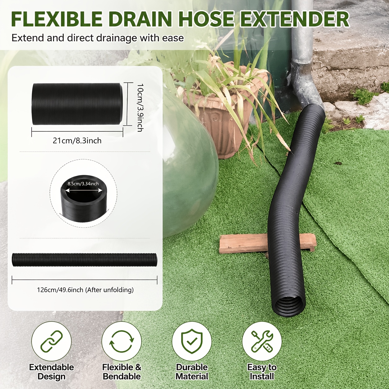 TEMU Tuyau d'extension de gouttière, diamètre 3,34 pouces, pièce d'extension de gouttière flexible, tuyau de drainage télescopique de 21 pouces à 48