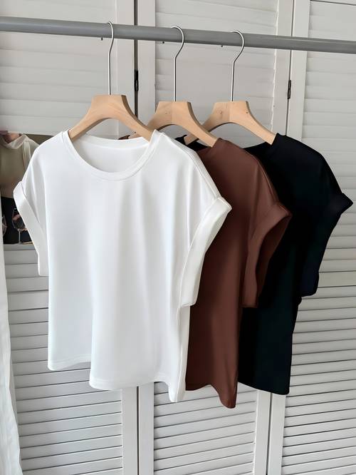 3pcs womens solid color short sleeve t shirts with roll up sleeve round neck casual summer blouses machine washable opaque suitable for casual attire versatile layering basic wardrobe