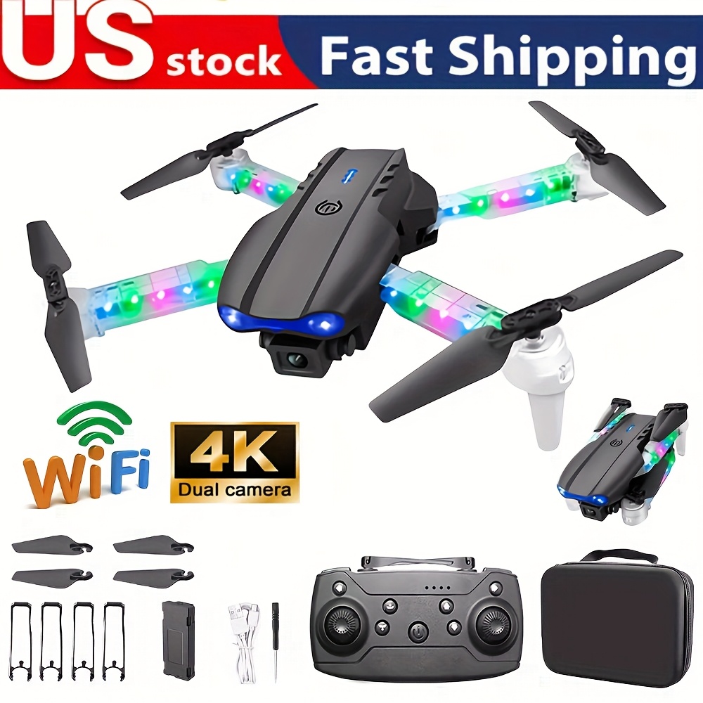 

E99 With Led Lights, Remote Control Drone, Dual Cameras, Dual Folding Remote Control Quadcopter Height Maintenance, Suitable For Beginners And , Black/gray Color