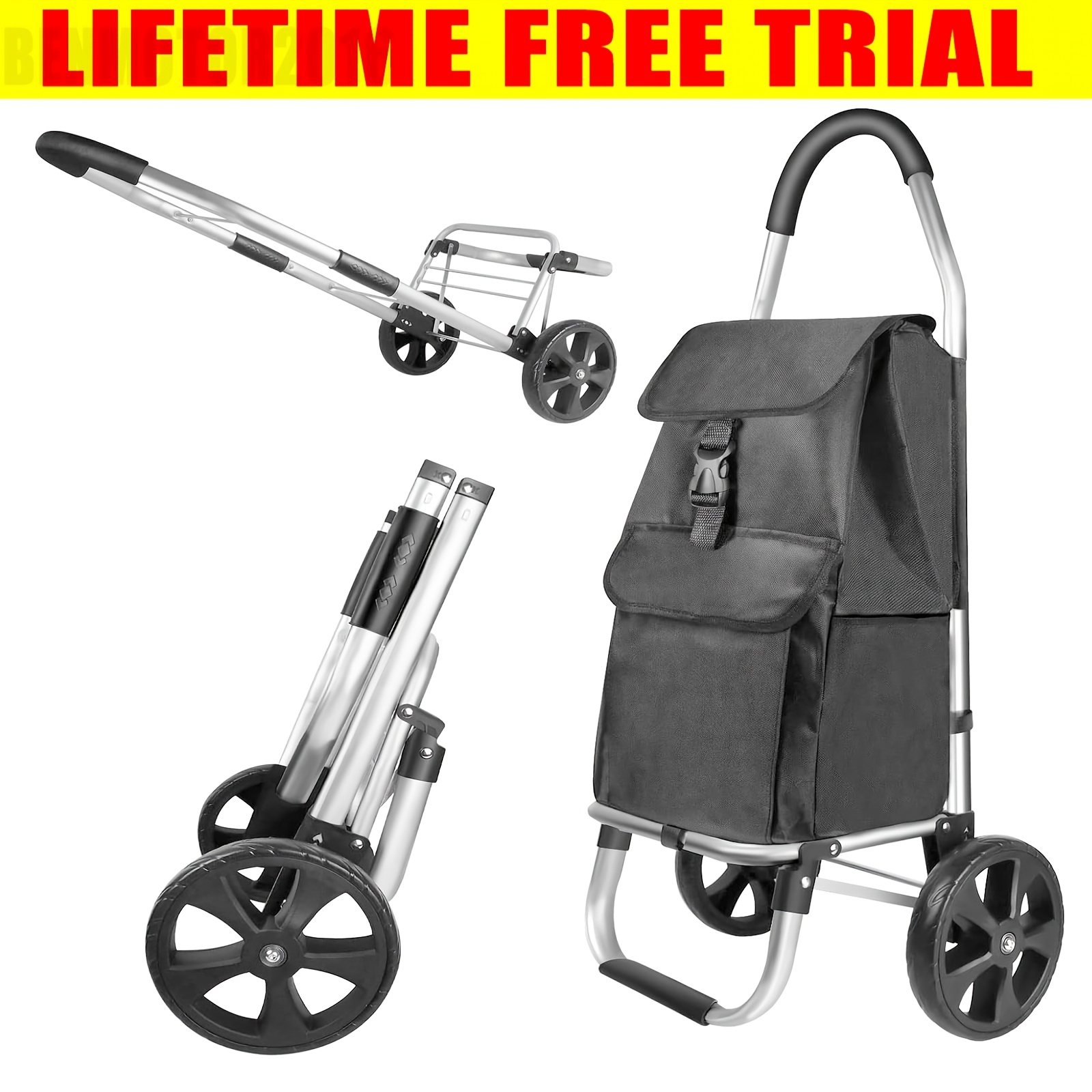 TEMU Folding Shopping Trolley On Wheels Foldable Shopping Trolley, Black Detachable Trolley Bag Collapsible Trolley With Wheels Pull Along Cart Stair