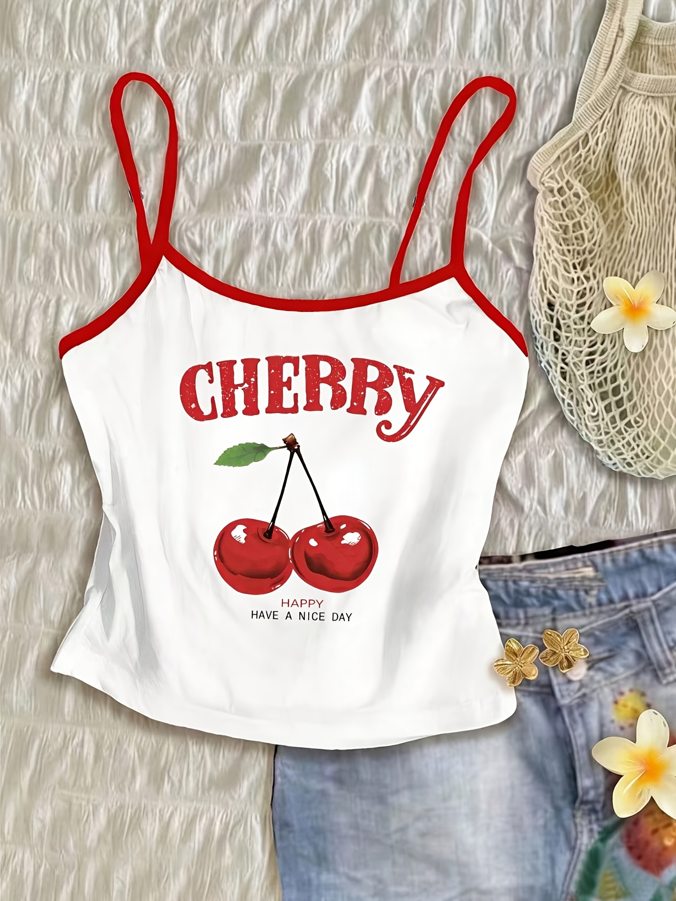 【cherry】THE TOE♡korinthos sleeveless RoseSeek Women's Cherry Print Cropped Tank Top Scoop Neck