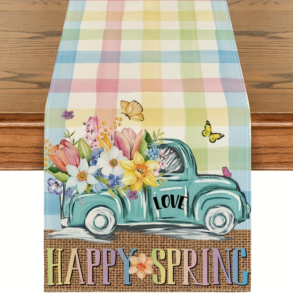 

Table Runner - Pink & Blue Floral Truck Design, , Spring Holiday Dining & Home Decor