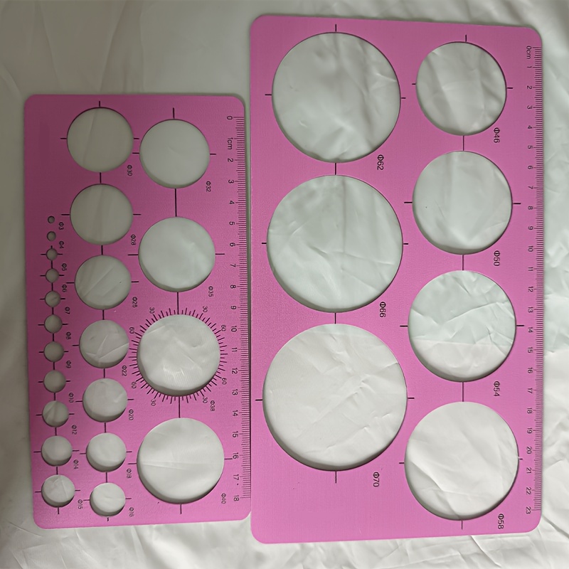 TEMU 2pcs Set Round Template Ruler Kit With 4 Colors: Pink, Yellow, Blue And Transparent. It Contains Round Drawing Templates In 27 Sizes. Made Of