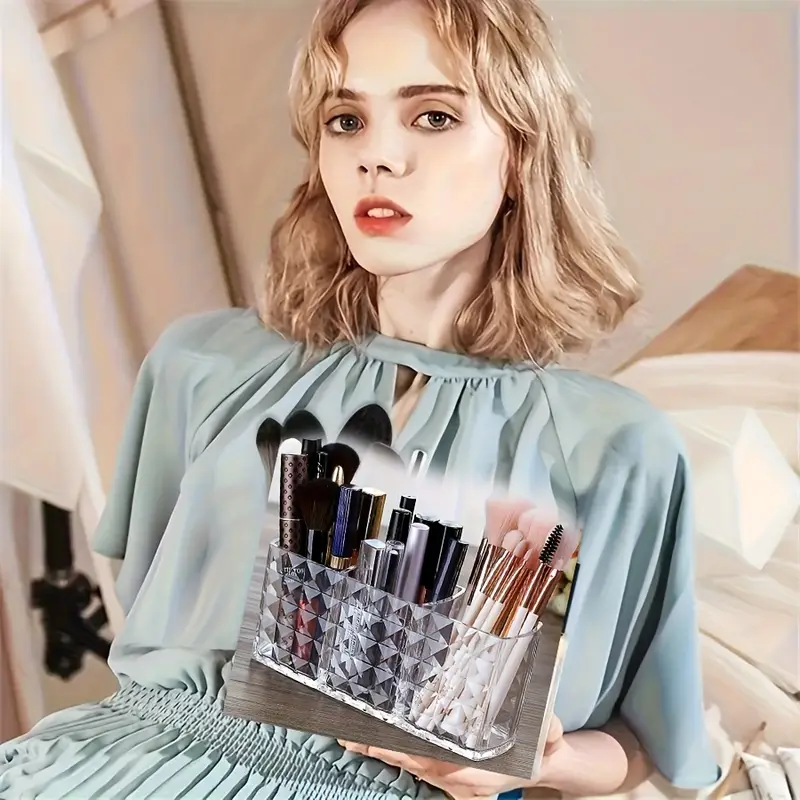 1pc acrylic makeup brush organizer large capacity cosmetic storage box with lightweight polished durable construction for brushes eyebrow pencils lipsticks sleek vanity desk accessory makeup brush holder makeup vanity desk polished sturdy construction beauty enthusiasts Product details 5