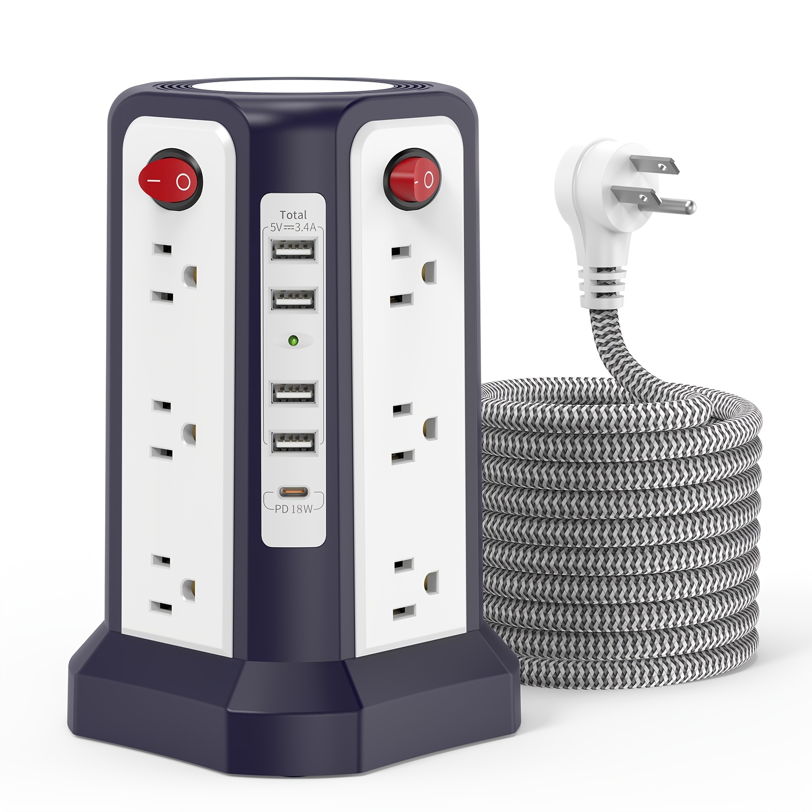 Level 4 Upgraded Power Strip Tower with 16 AC Outlets, 5 USB Ports including USB-C, Surge Protector, Multiple Color Options