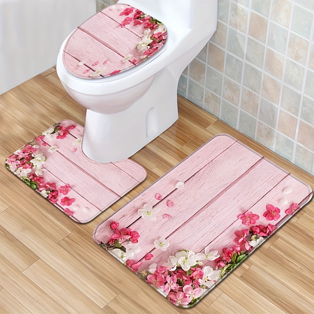 

1/3pcs Girlish Pink Flowers Pattern Wooden Texture Floor Mat Set, Toilet Cover Rug, Bathroom Rug, Toilet Water Absorbent Door Mat, Non-slip Floor Mat