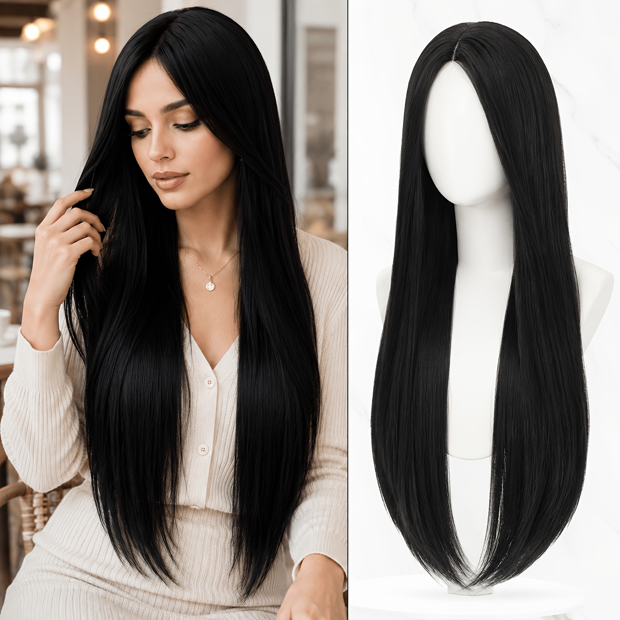 TEMU Black Long Straight Wig With Middle Part And Smooth Sleek Layered Hair, Soft For Daily Wear, Cosplay, Anime Events, Christmas Parties, , Photo