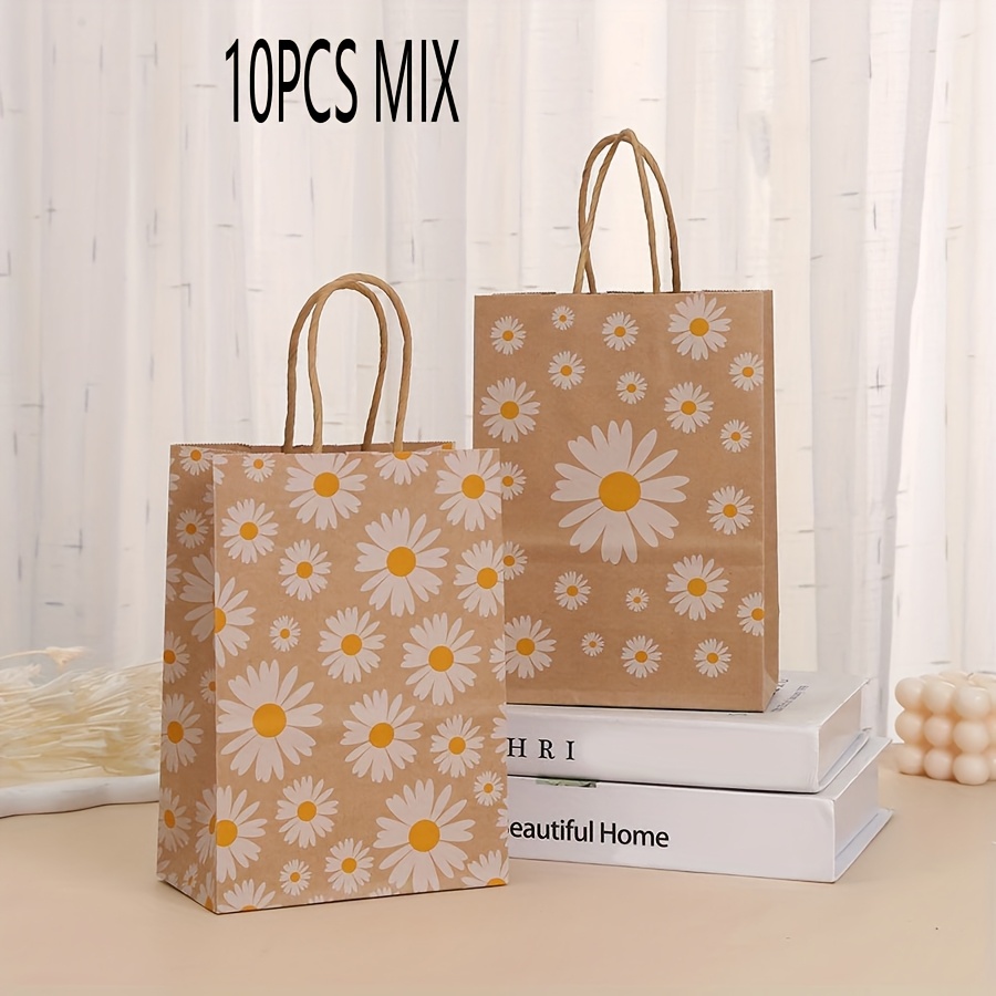E-shop 10 Stück Mix Gänseblümchen Blumenmuster Kraftpapier Einkaufstasche, Kleine Gänseblümchen Geschenktüte, Party Geschenkverpackungstasche, Papier