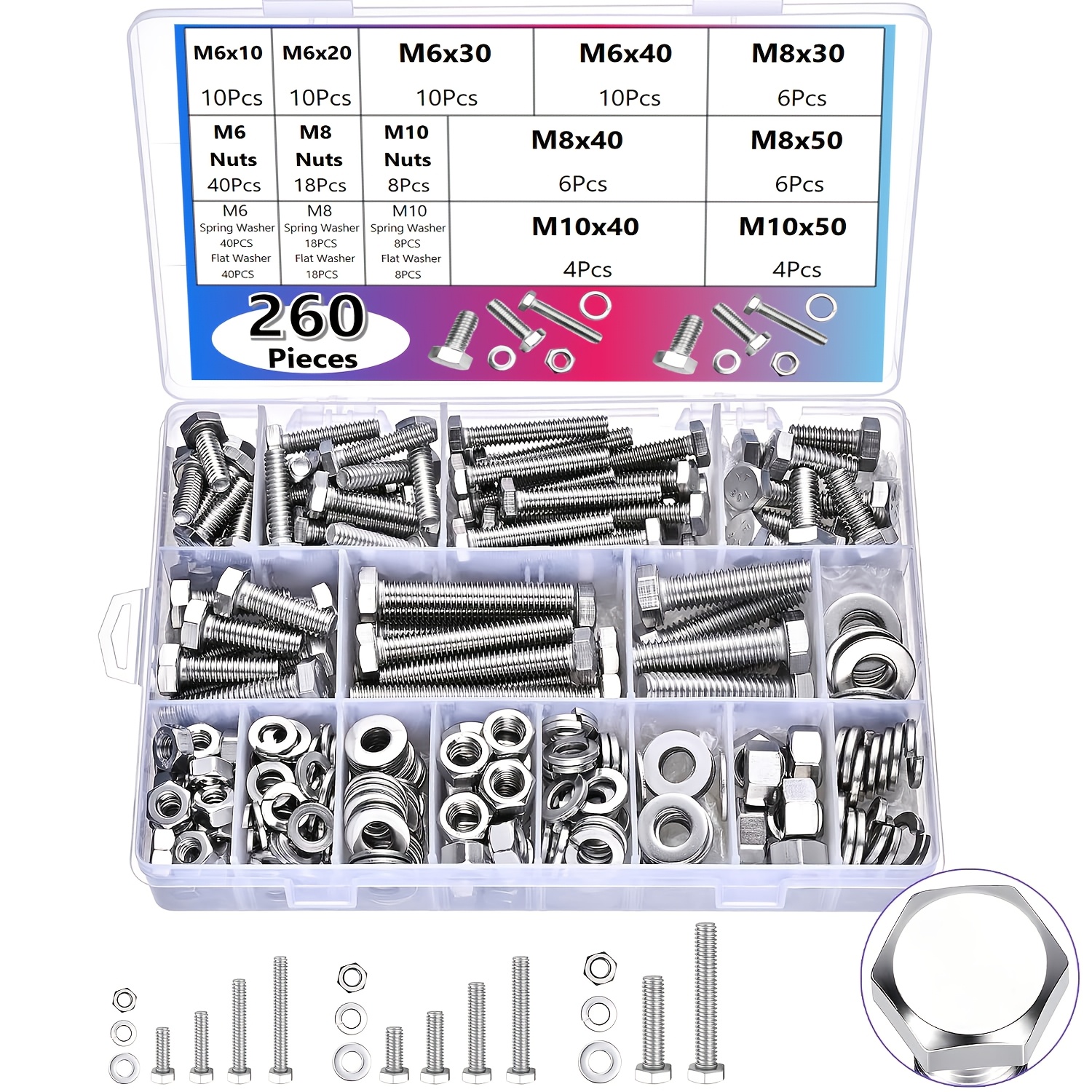 TEMU 260pcs M6/m8/m10 Stainless Steel Heavy-duty Hex And Nut Assortment Kit, Includes Flat And Spring Washers, Fasteners For Machinery Assembly,