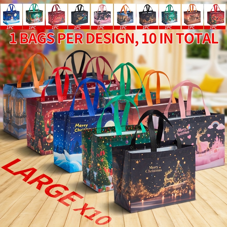 TEMU Gift For Her/him 10pcs Mixed-theme Christmas Gift Bags - Features Snowman, Pink Reindeer, Castle & Planet Designs | Non-woven Bags, Large