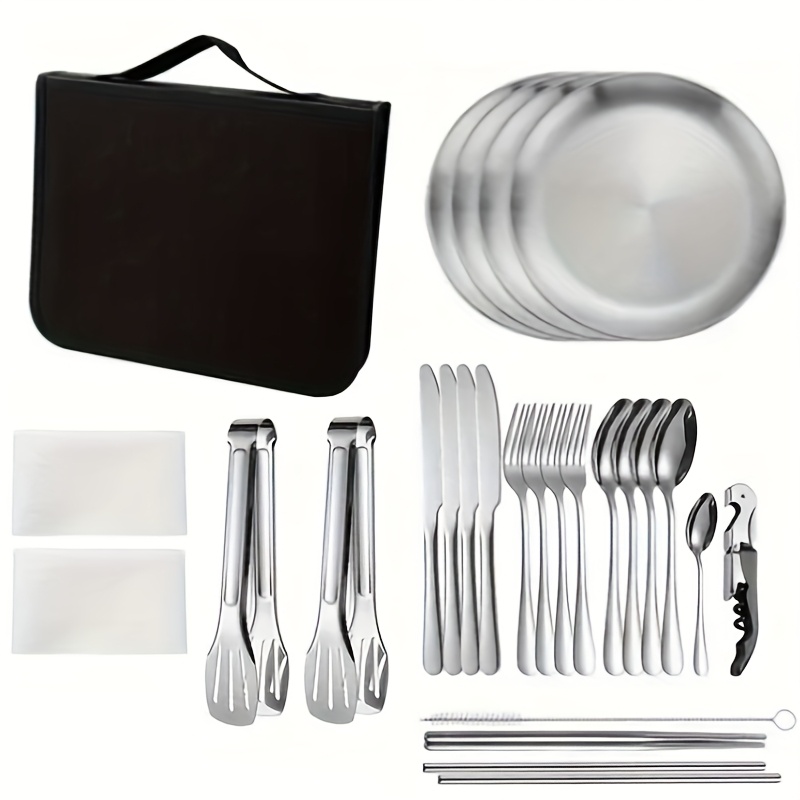 27pcs portable durable outdoor picnic tool set stainless steel high quality tableware with dinner knife forks plates soup spoon coffee spoon chopsticks tablecloth straw set bottle opener cleaning cloth clips and storage bag reusable dishwasher safe suitable for outdoor travel hiking backpacking picnic camping party   etc Product details 0