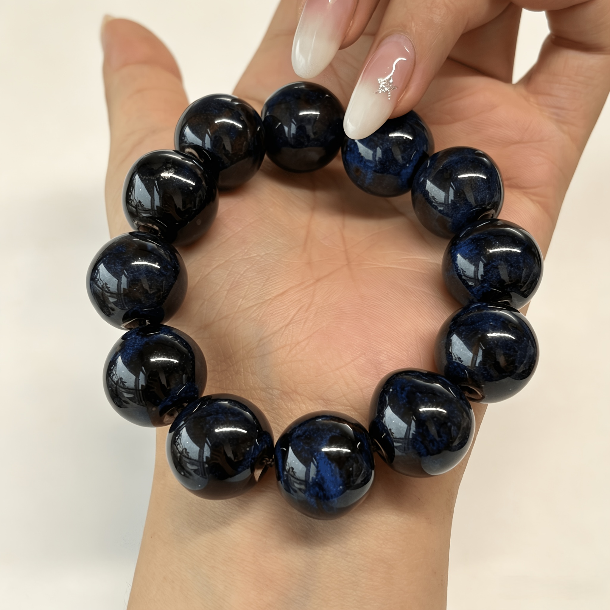 TEMU Bracelet Bohème en Céramique Bleu Foncé pour Homme avec Perles, 1 pièce, Grandes Perles Rondes de 16 mm aux , Bracelet Polyvalent pour Homme,