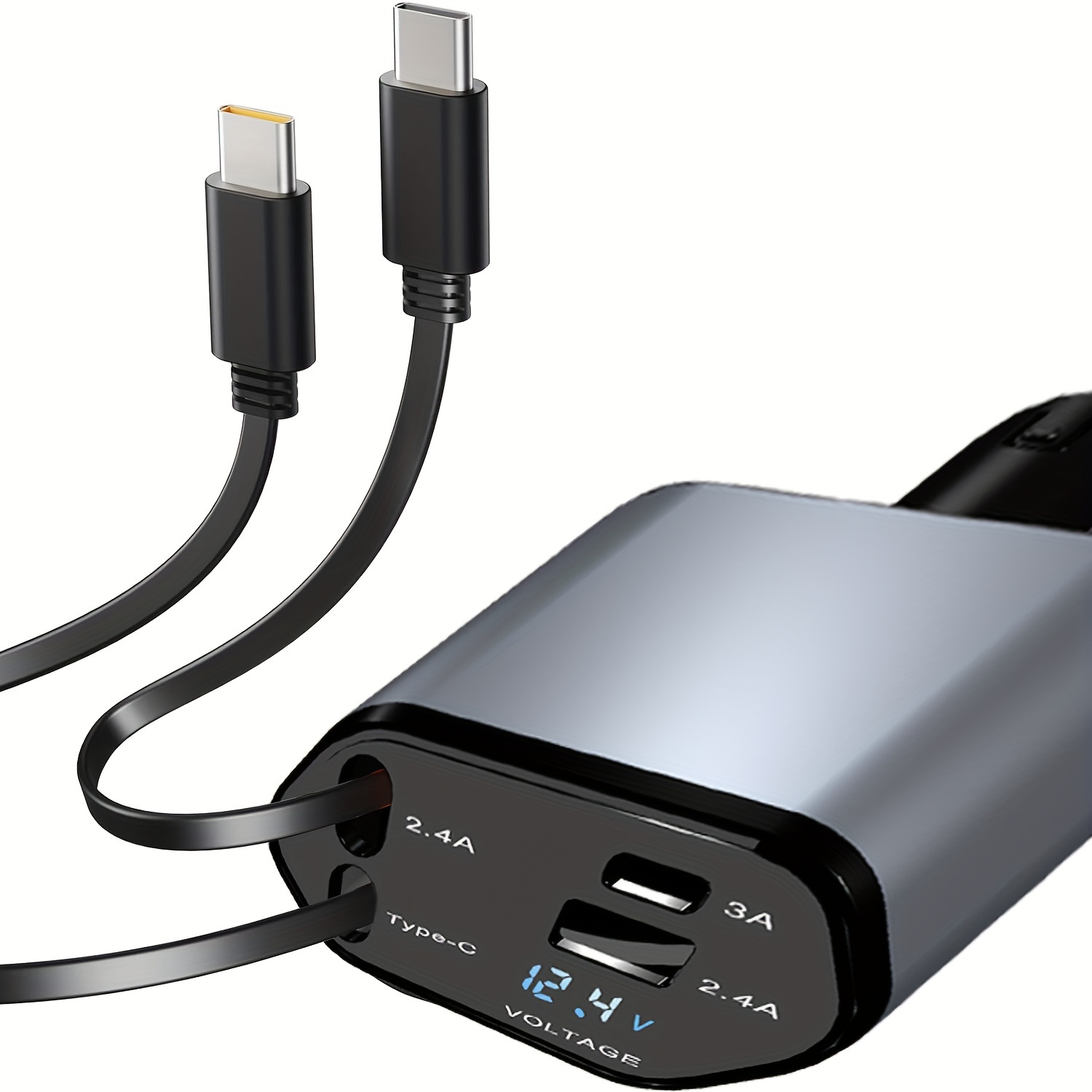 TEMU Double Type C Retractable Car Charger, 4 In 1 Fast Car Phone Charger 120w Retractable Cables For Ios And Typec, Car Charger Adapter, Compatible