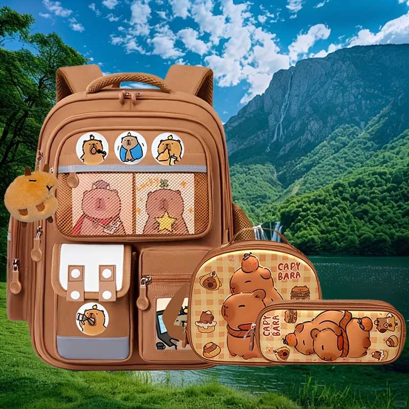 Image of Capybara Cartoon Backpack 3pcs Set Men's Capybara Theme Large Capacity Lightweight Breathable Outing Travel Bag Set