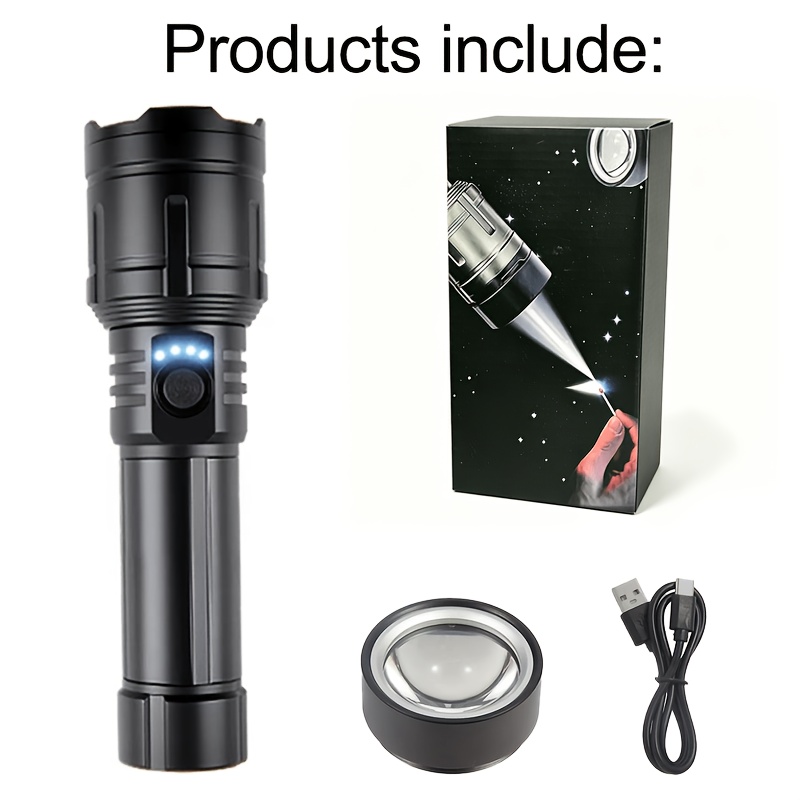TEMU Lampe de poche LED avec bouton d'allumage, haute puissance, lampe de poche ultra-lumineuse à haute lumière, avec lentille de , rechargeable,