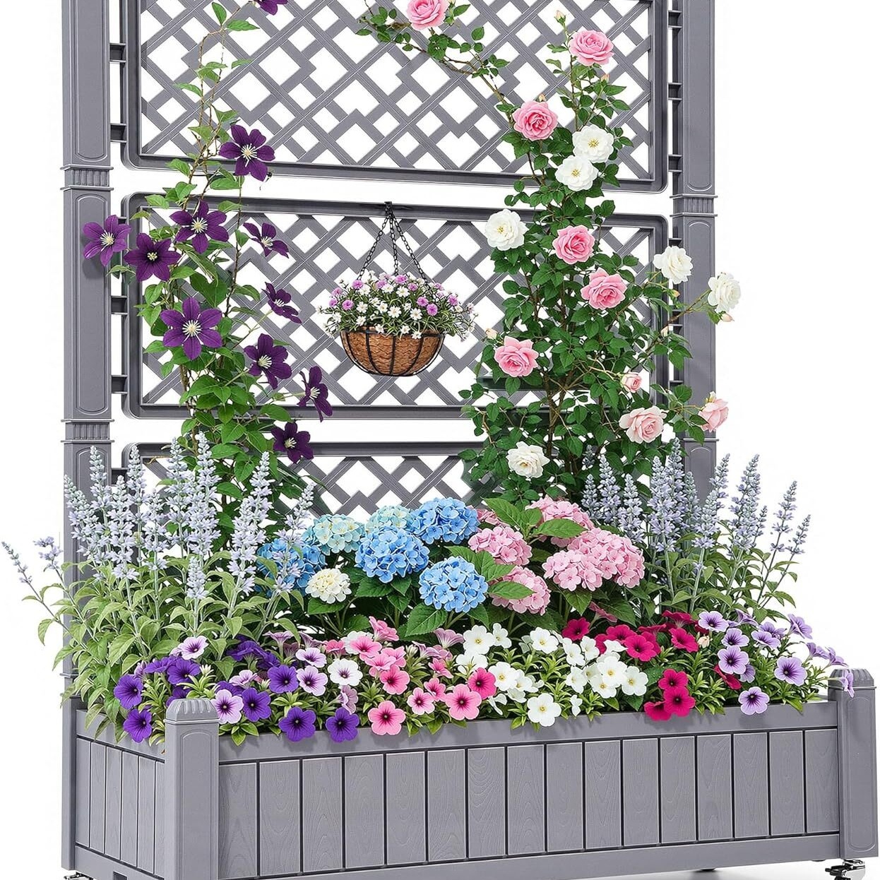 108.5×44×155cm Elevated Garden Bed With Trellis And Wheels, Featuring Pots With Drainage Holes And Plugs, Of Holding 15 Lbs Of Climbing Plants, Vegetables, Flowers, And Fruits