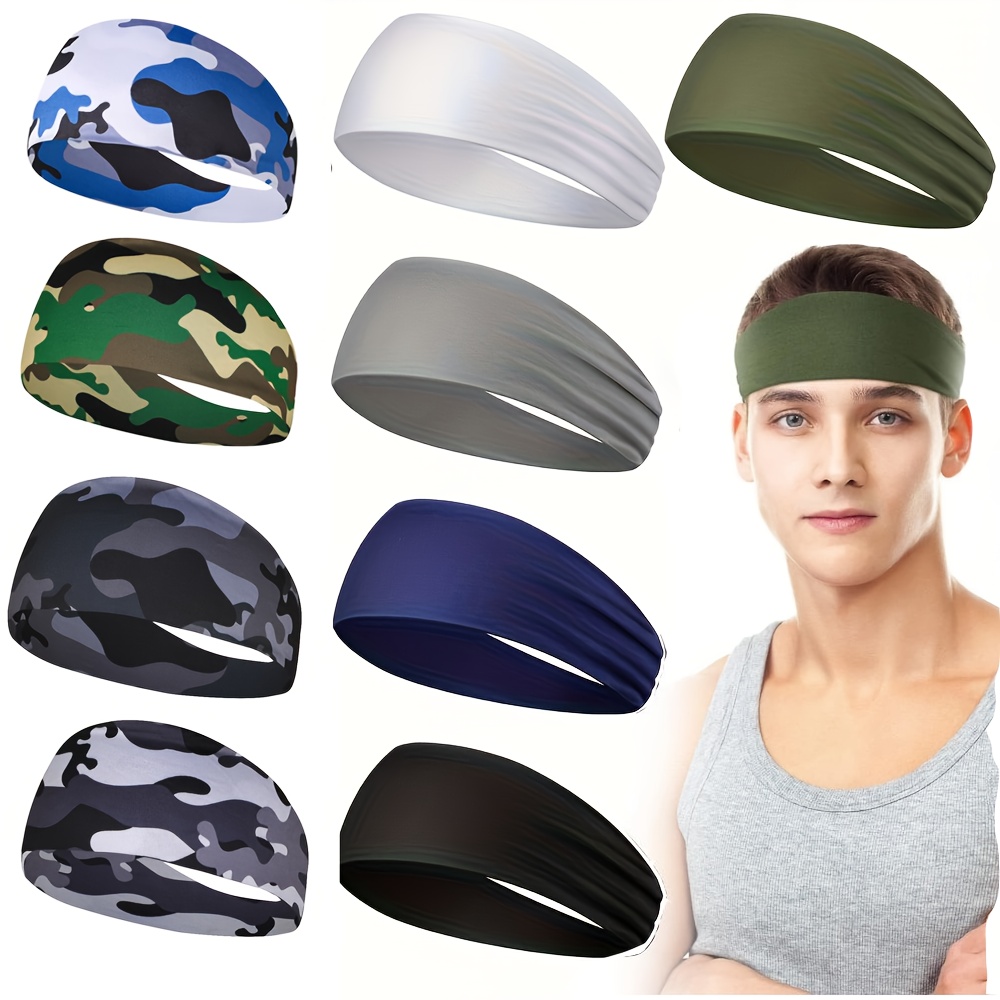 9pcs Men S Camo Sweatbands - Wide, Breathable & Absorbent Workout Headbands for Basketball, Football, Cycling, Running, Yoga - Black, Gray, Green, Blue, Olive, Navy, Red, White, Beige, Workout Headbands | Camouflage Pattern | Durable Headband