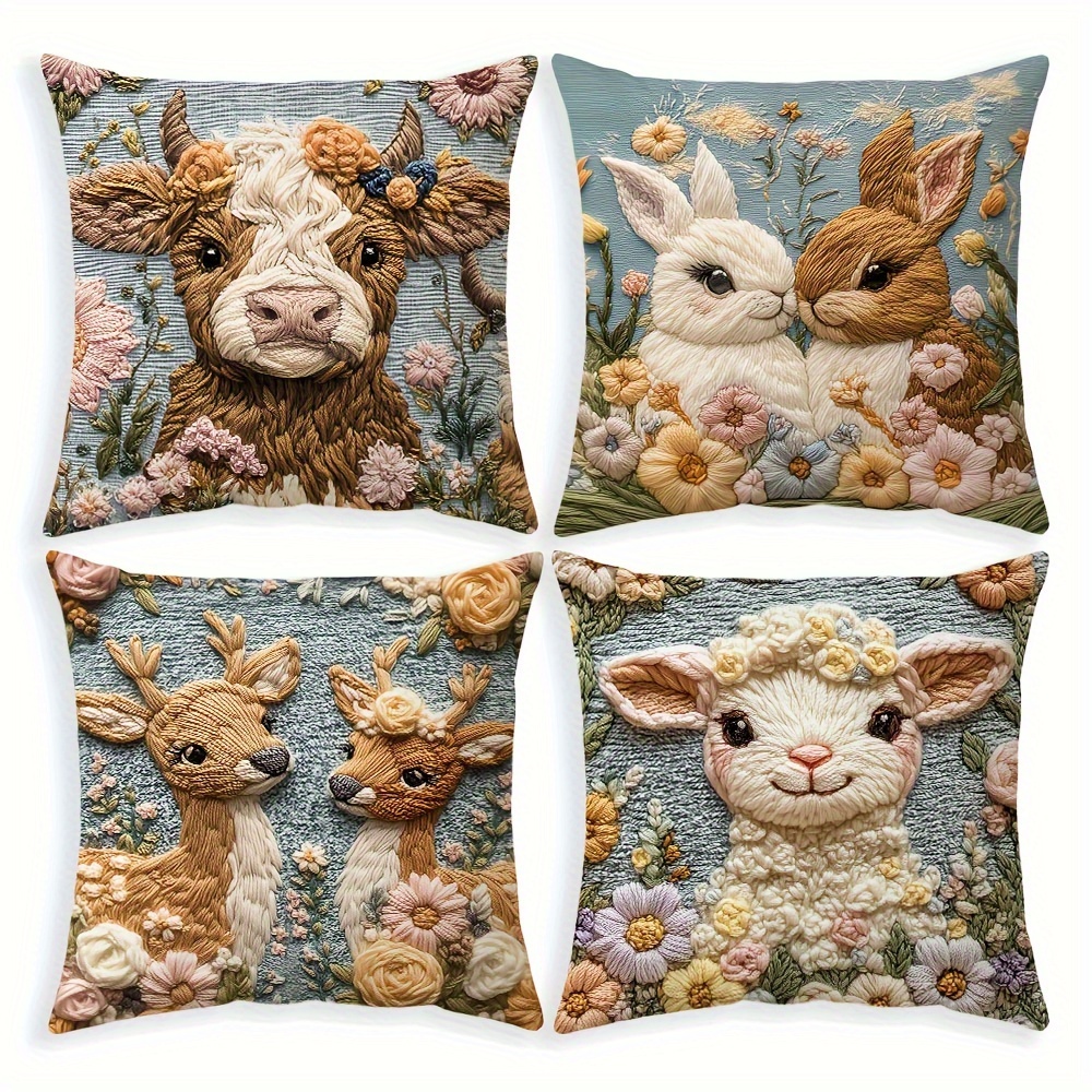 

4pcs Rustic Farmhouse Throw Pillow Covers, 18x18 Inch, & , Short Fabric, Zipper Closure, Hand Wash Only, Decorative Cushion Cases For Home & Party - Polyester