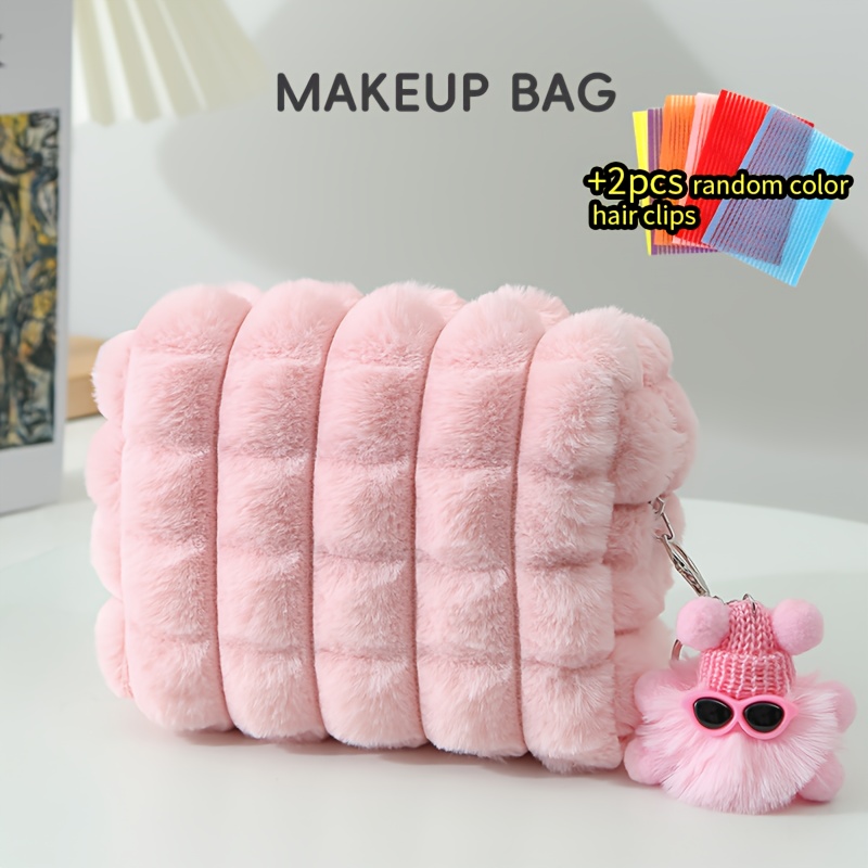 TEMU 3pcs Set, [ Bag   2 Random Color Hair Clips], Large-capacity Candy-colored Plush Cosmetic Bag, With Cute Pompom Pendant, Beauty Storage Bag,