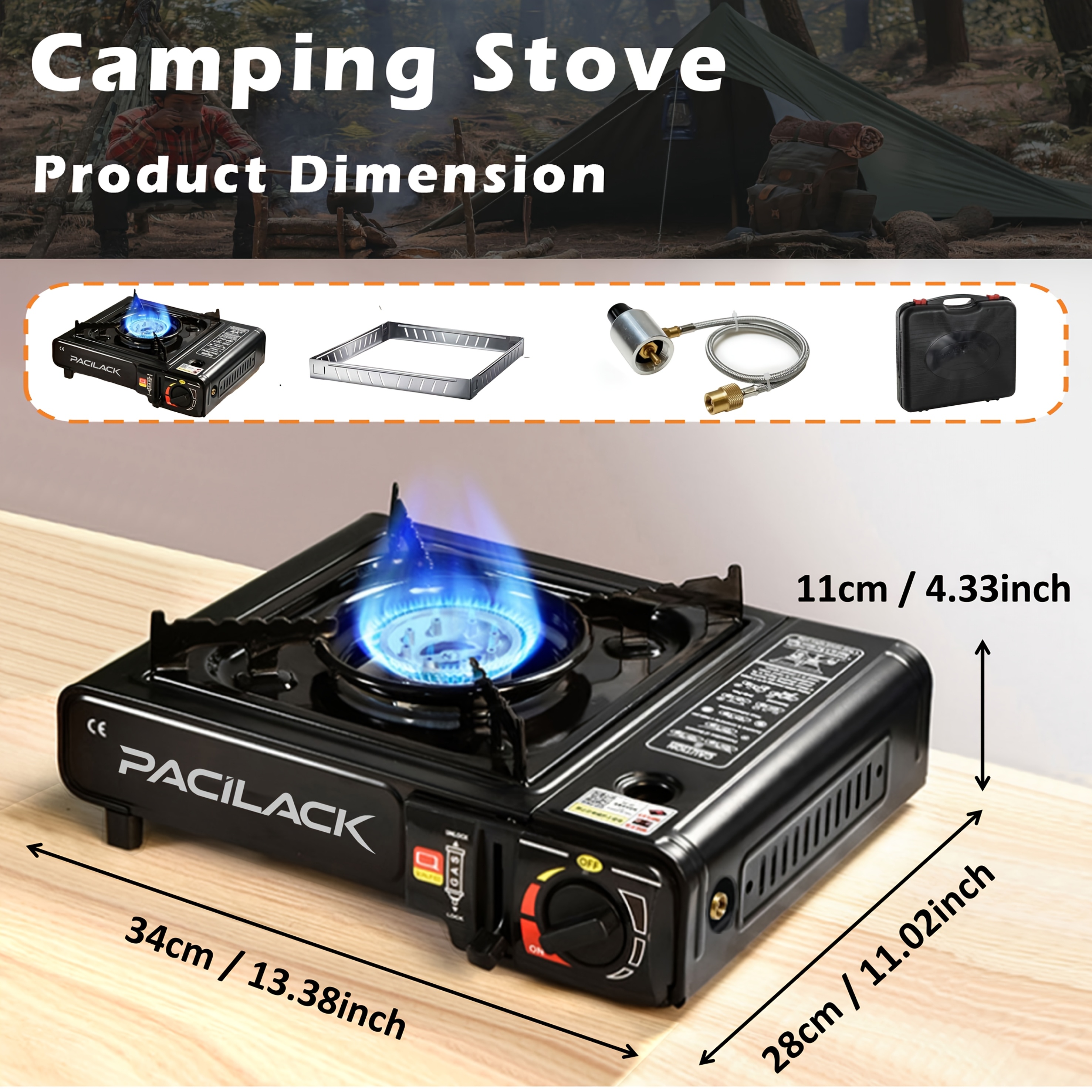 Compact Dual-Fuel Camping Stove That Runs on Propane And Butane, Featuring a 10, 000 BTU Burner, a Carrying Case, And a Wind-Resistant Design. Comes with a Propane Adapter Hose, Perfect for Barbecues, Hiking, Emergencies, And RV Trips