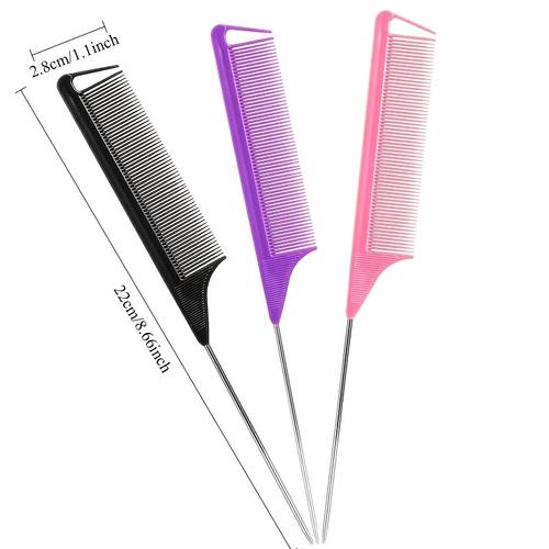 3pcs long steel needle teasing comb set rat tail comb kit for salon stylists and womens pointed metal splitting combs purple