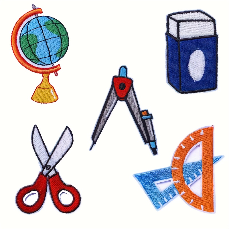 Image of 5pcs Book Bus Bag Embroidered Patches Pencil Iron On Patches Colorful Repair Sew Applique Clothing Jacket Jeans Backpack Hat Decoration