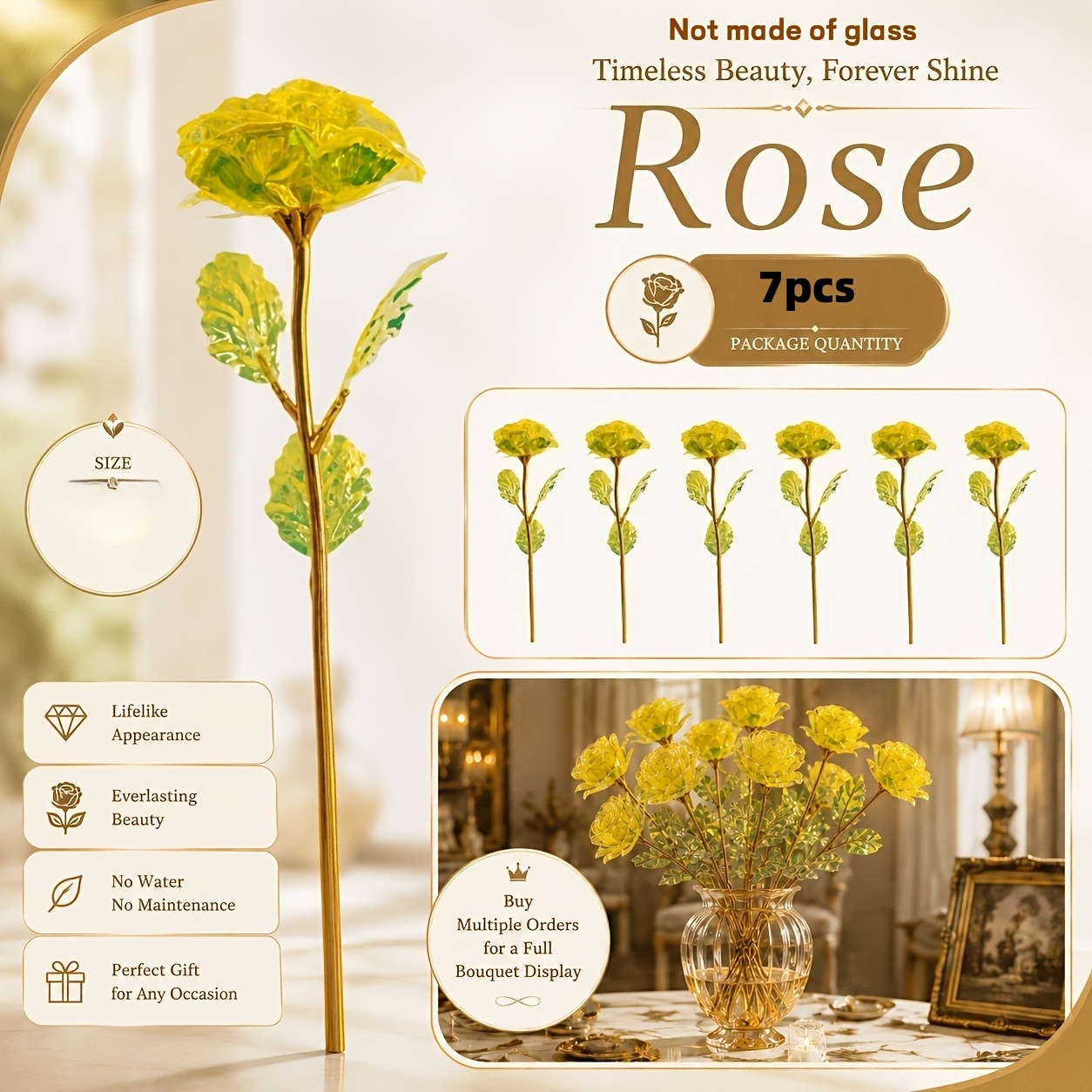 TEMU 7 piezas radiante amarilla iridiscente de cristal artificial bañada en oro - Floración , ideal para de San Valentín, Navidad, Día de la , , , ,