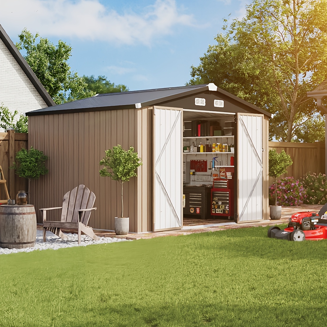 6x4ft 8x6ft 10x8ft gable roof outdoor metal storage shed lockable double door garden tool shed with vents sturdy coated steel utility building for backyard patio storage