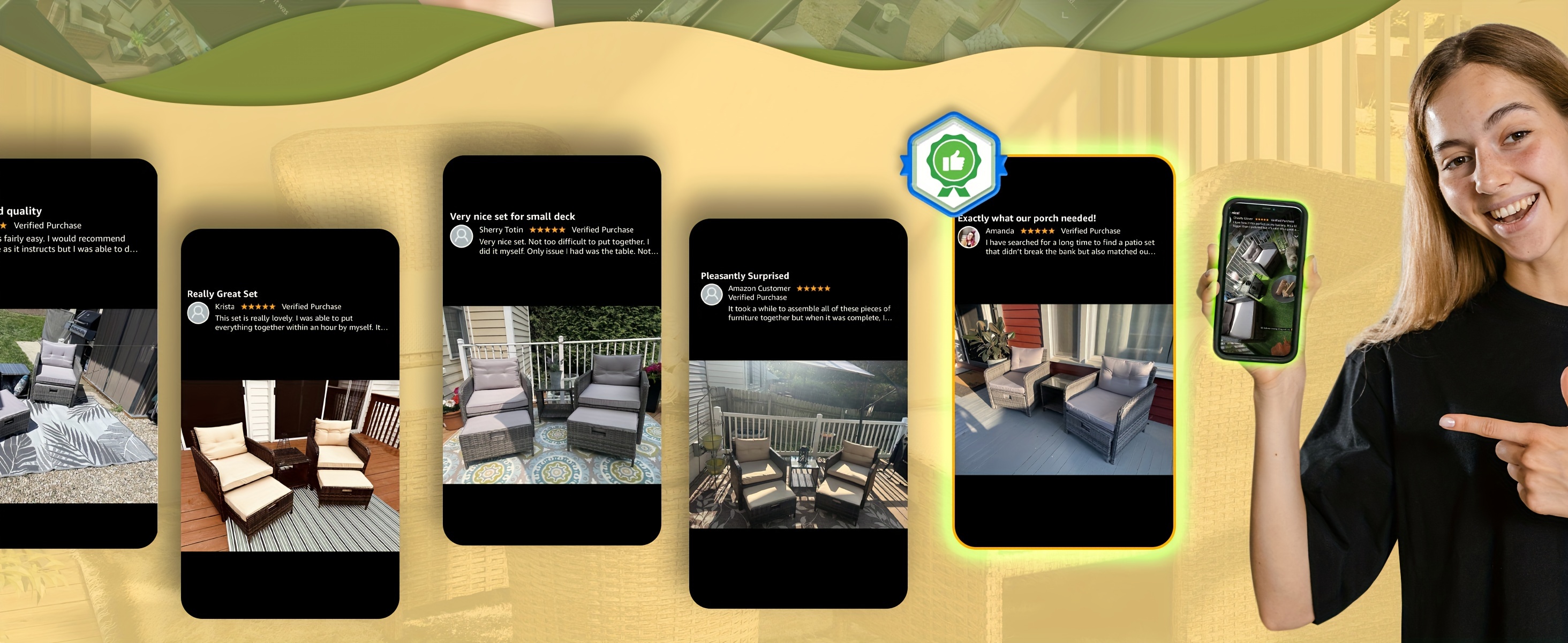 [Outdoor Lounge Chairs] 5pcs PE Wicker Rattan Patio Conversation Set | Balcony Furniture with Soft Cushions, 2 Ottoman, Glass Table for Porch