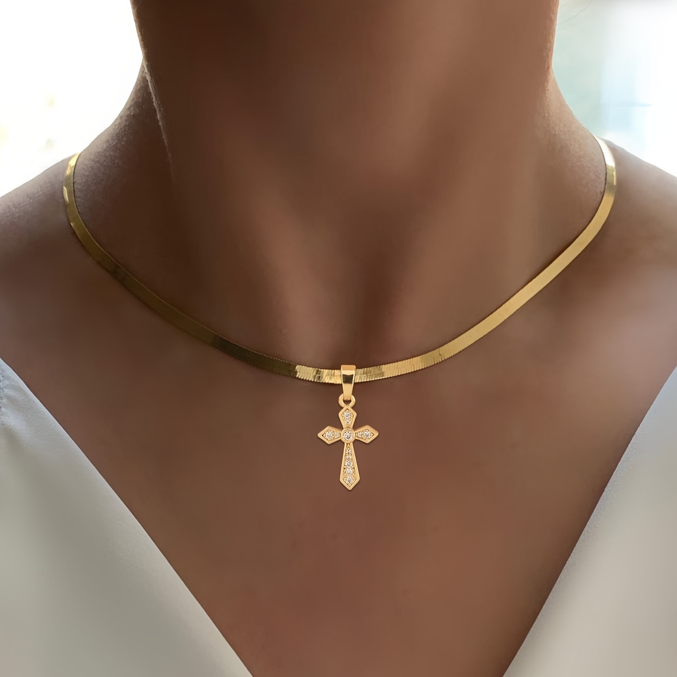 Image of A Women's Pendant Necklace Featuring A Minimalist Stacked Design, Made Of Stainless Steel With A Flat Chain And With A Synthetic Zirconia Cross Pendant, Wear And Gifting