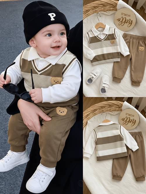 item picture 2pcs boys outfit shirt knit vest and casual pants striped cute bear british style elastic waist long pants wear outing party gift for outdoor
