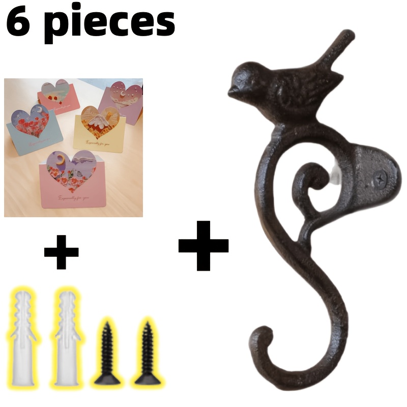 TEMU 6pcs Set - Cast Iron Bird Hook, Heavy-duty Vintage Wall Hook, Suitable For Hanging Coats, Bags, Keys, Outdoor Fence Decorations, And As A Gift