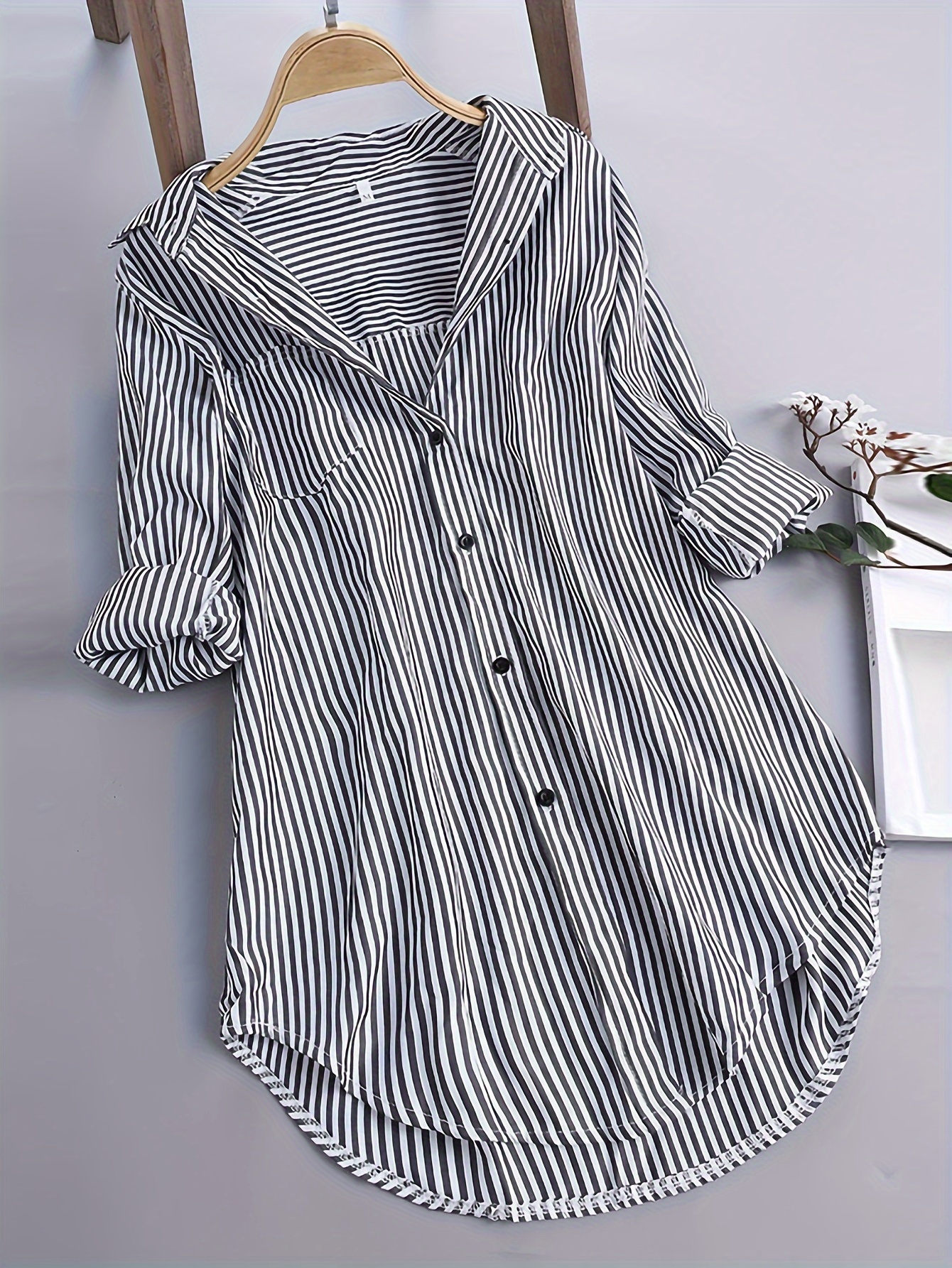 womens casual striped long sleeve button up shirt polyester machine washable non stretch fabric details 0