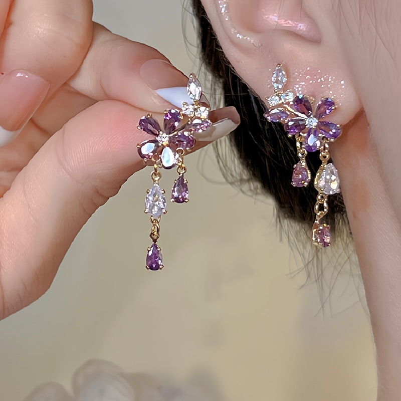 

1 Pair Of Earrings, Temperament Purple Zirconia Water Drop Flower Earrings, Copper, Suitable For Women To Attend Banquet Parties Formal Places To Wear Cheongsam Wear