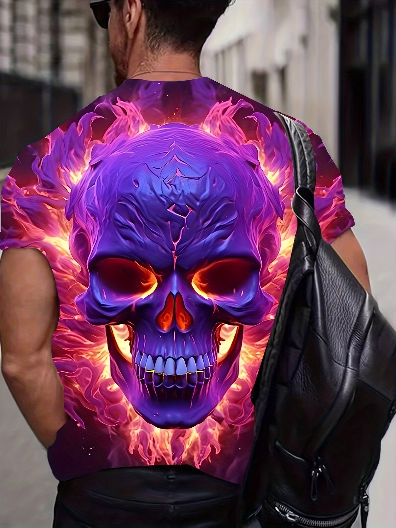 Men's Plus Size 3D Glowing Skull & Flame Graphic T-Shirt - Short Sleeve, Casual Summer Tee, Vivid Purple & Pink Flames Design, Polyester/Spandex Blend, Machine Washable, PLUS SIZE
